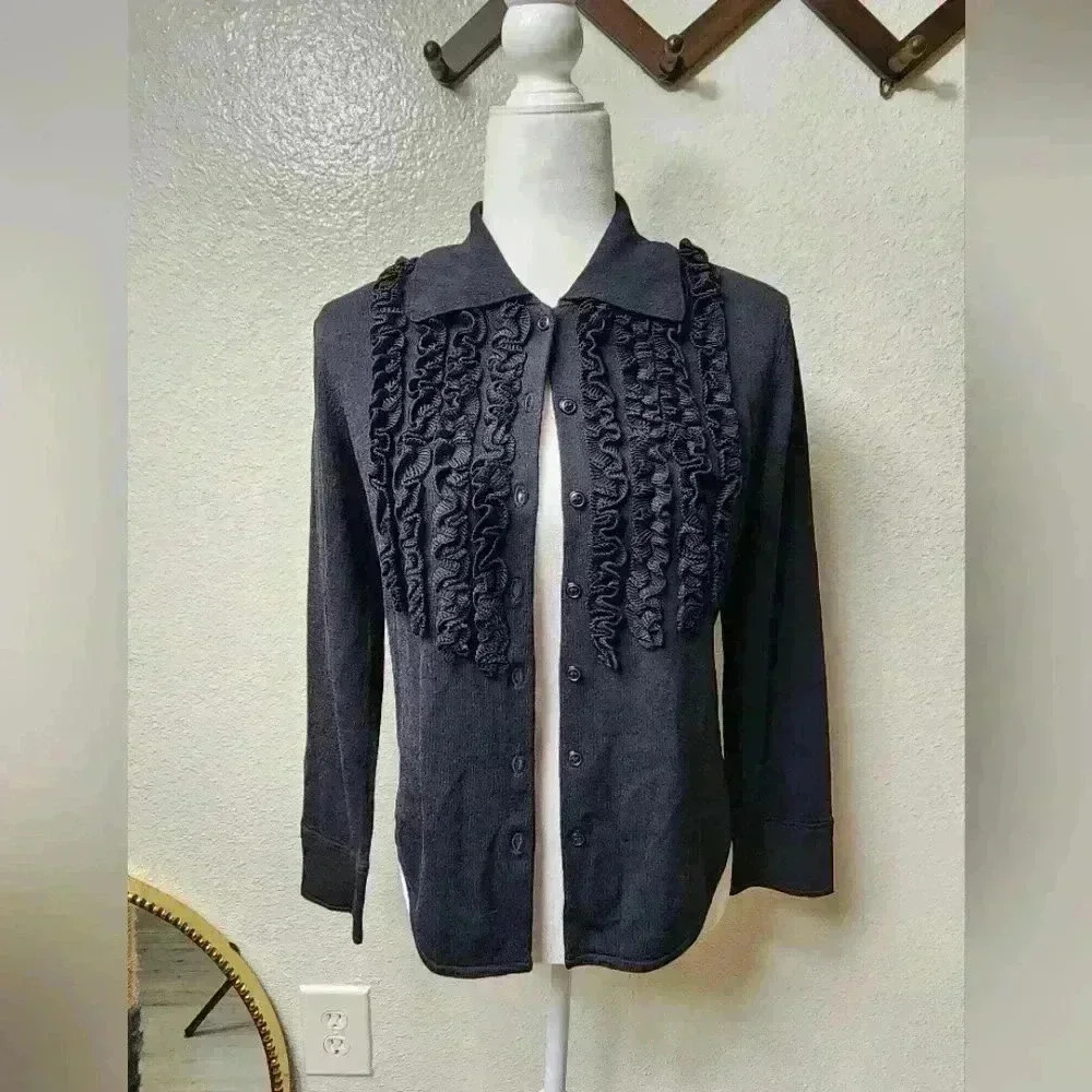 Theme Black Ruffled Button-Up Cardigan